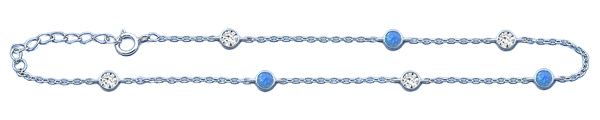 Sterling Silver Rhodium Plated Round Clear CZ And Blue Lab Opal Anklet Length-9+1inches Extension