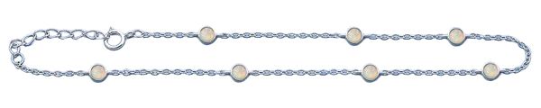 Sterling Silver Rhodium Plated Round White Lab Opal Anklet Length-9+1inches Extension