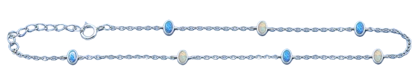 Sterling Silver Rhodium Plated Blue And White Lab Opal Anklet Length-9+1inches Extension