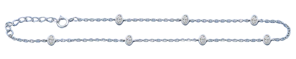 Sterling Silver Rhodium Plated Oval Clear CZ Anklet Length-9+1inches Extension