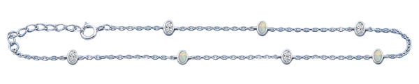 Sterling Silver Rhodium Plated White Lab Opal And Clear CZ Anklet Length-9+1inches Extension