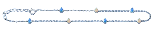 Sterling Silver Rhodium Plated Pear Blue And White Lab Opal Anklet Length-9+1inches Extension