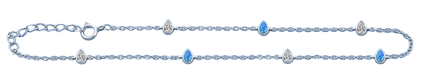 Sterling Silver Rhodium Plated Pear Clear CZ And Blue Lab Opal Anklet Length-9+1inches Extension