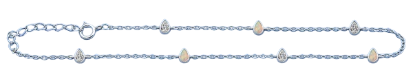 Sterling Silver Rhodium Plated Pear Clear CZ And White Lab Opal Anklet Length-9+1inches Extension