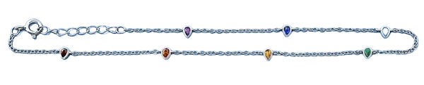 Sterling Silver Rhodium Plated Tear Drops Multi Colored CZ Anklet Length-9+1inches Extension