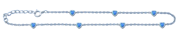 Sterling Silver Rhodium Plated Blue Lab Opal Heart Anklet Length-9+1inches Extension