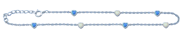 Sterling Silver Rhodium Plated White And Blue Lab Opal Heart Anklet Length-9+1inches Extension