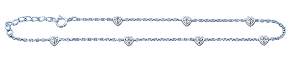 Sterling Silver Rhodium Plated Hearts Clear CZ Anklet Length-9+1inches Extension
