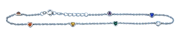 Sterling Silver Rhodium Plated Hearts Multi Colored CZ Anklet Length-9+1inches Extension