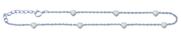 Sterling Silver Rhodium Plated White Lab Opal Heart Anklet Length-9+1inches Extension