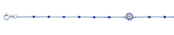 Sterling Silver Rhodium Plated Round Blue And Clear CZ Anklet Length-9+1inches Extension, Charm Height-5.8mm-Chain Thickness-1mm
