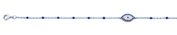 Sterling Silver Rhodium Plated Evil Eye Blue And Clear CZ Anklet Length-9+1inches Extension, Charm Height-5.7mm-Chain Thickness-1mm