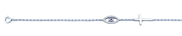 Sterling Silver Rhodium Plated Evil Eye And Cross Clear CZ Anklet Length-9+1inches Extension, Charm Height-8.6mm-Chain Thickness-1.4mm