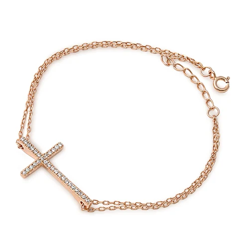 Sterling Silver Rose Gold Plated Clear CZ Sideway Cross Bracelet