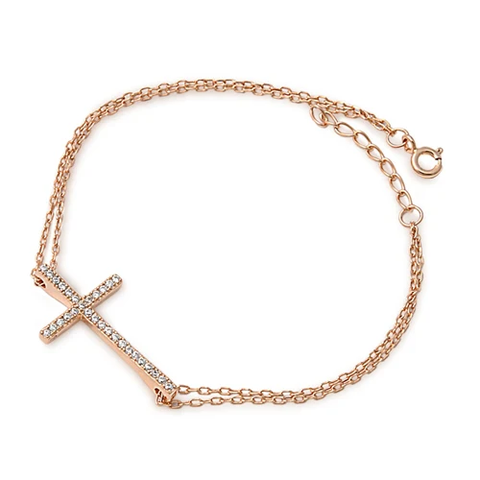 Sterling Silver Rose Gold Plated Clear CZ Sideway Cross Bracelet