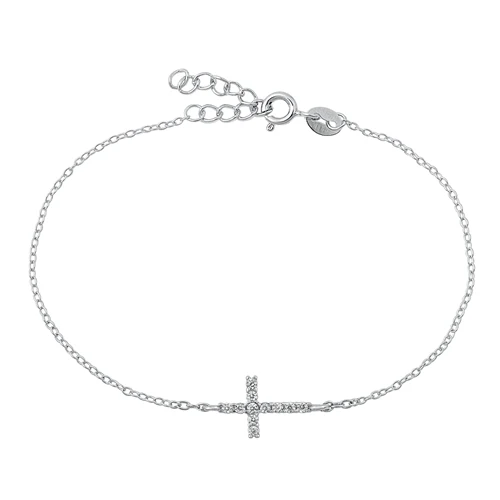 Sterling Silver Rhodium Plated Clear CZ Cross Bracelet