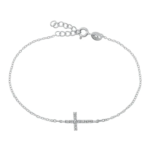 Sterling Silver Rhodium Plated Clear CZ Cross Bracelet