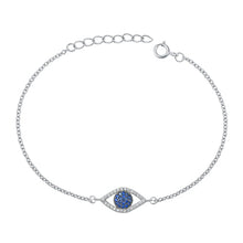Load image into Gallery viewer, Sterling Silver Rhodium Plated Blue Sapphire CZ and Clear CZ Evil Eye Bracelet