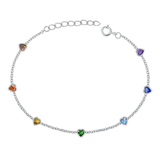 Sterling Silver Rhodium Plated Multi Colored CZ Hearts Bracelet