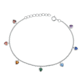 Sterling Silver Rhodium Plated Multi Colored CZ Heart Bracelet
