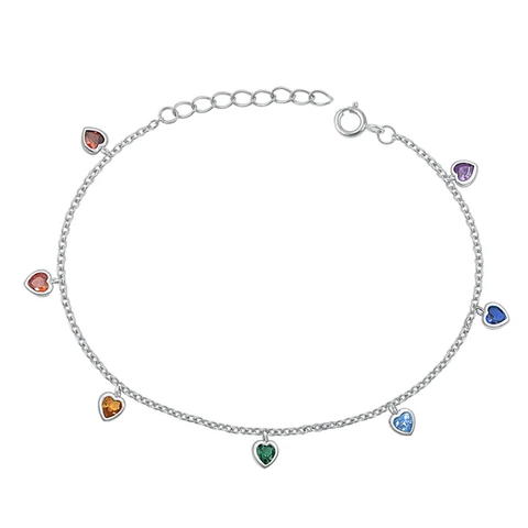 Sterling Silver Rhodium Plated Multi Colored CZ Heart Bracelet