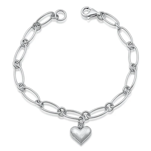 Sterling Silver Rhodium Plated Puff Heart Bracelet