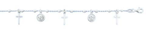 Sterling Silver Polished Angels And Cross Bracelet,Length: 7+ 1 Inches