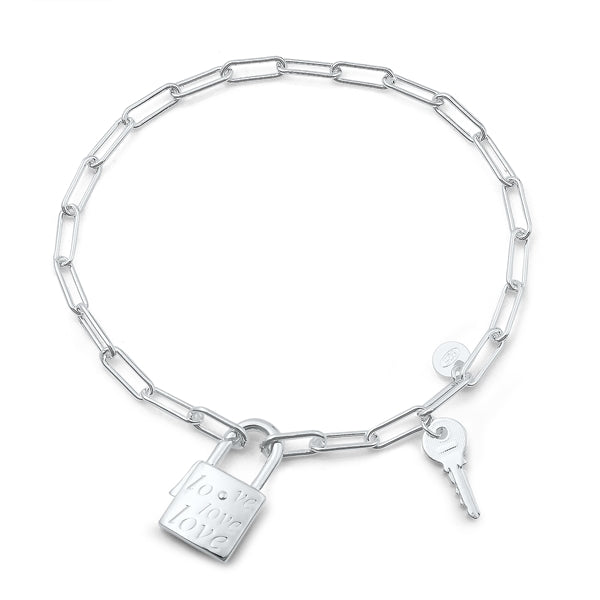 Sterling Silver Polished Love Lock and Key Bracelet