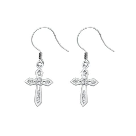 Sterling Silver Rhodium Plated Cross Clear CZ Earrings