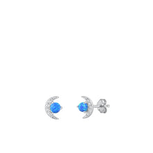 Load image into Gallery viewer, Sterling Silver Rhodium Plated moon Blue Lab Opal and Clear CZ Earrings
