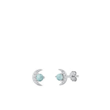 Load image into Gallery viewer, Sterling Silver Rhodium Plated moon Genuine Larimar and Clear CZ Earrings