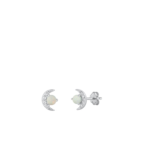 Sterling Silver Rhodium Plated moon White Lab Opal and Clear CZ Earrings