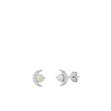 Load image into Gallery viewer, Sterling Silver Rhodium Plated moon White Lab Opal and Clear CZ Earrings