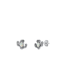 Load image into Gallery viewer, Sterling Silver Oxidized Cactus White Lab Opal Earrings