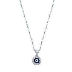 Sterling Silver Rhodium Plated Clear CZ Round Evil Eye Necklace