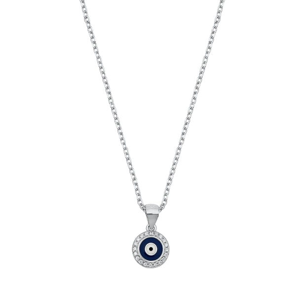 Sterling Silver Rhodium Plated Clear CZ Evil Eye Necklace