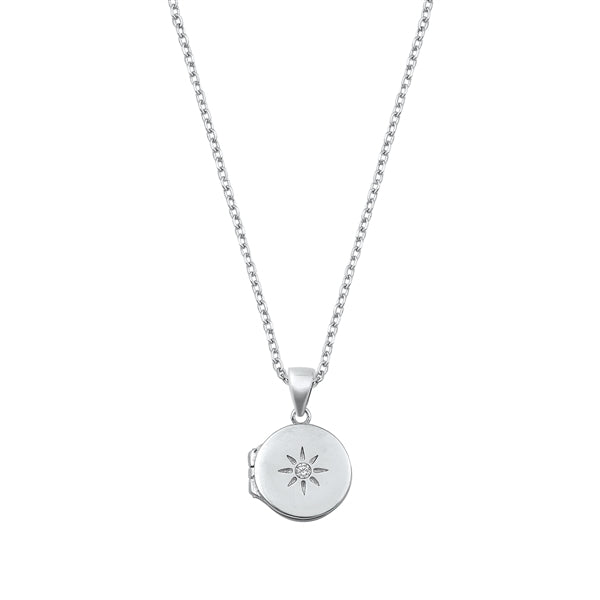 Sterling Silver Rhodium Plated Clear CZ Star Locket Necklace