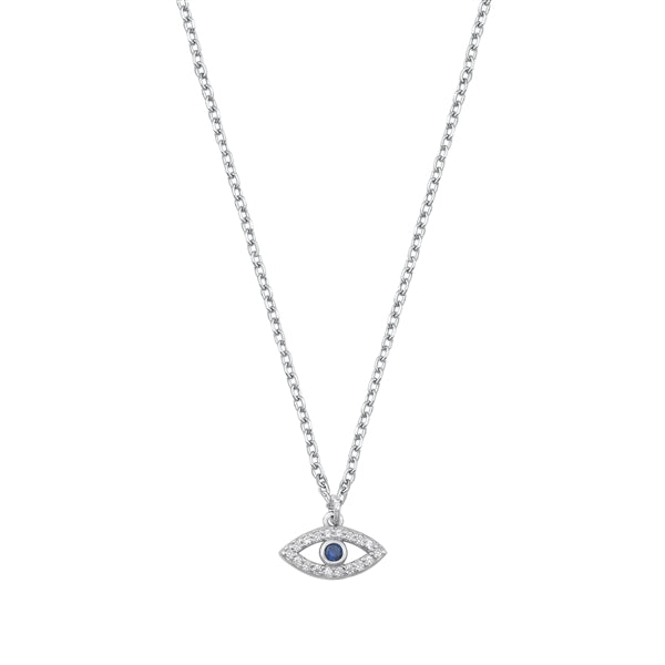 Sterling Silver Rhodium Plated Clear CZ Evil Sapphire Eye Necklace