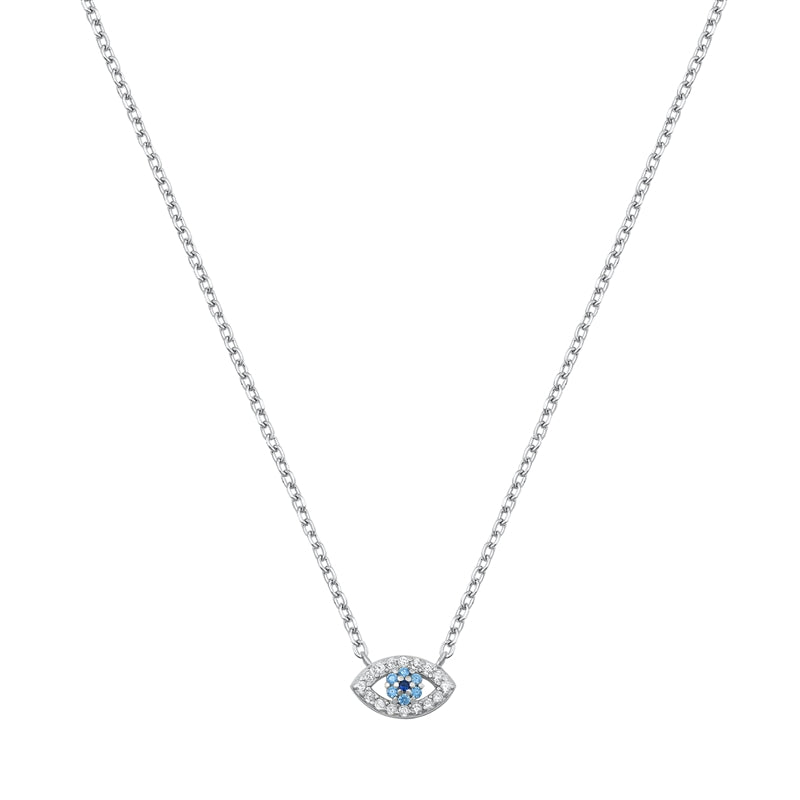 Sterling Silver Rhodium Plated Blue and Clear CZ Evil Eye Necklace