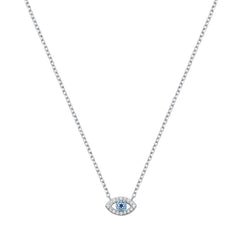 Sterling Silver Rhodium Plated Blue and Clear CZ Evil Eye Necklace