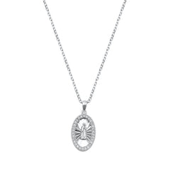 Sterling Silver Rhodium Plated Clear Oval CZ Virgin Mary Necklace