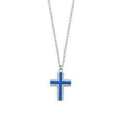 Sterling Silver Rhodium Plated Clear CZ and Turquoise Cross Necklace