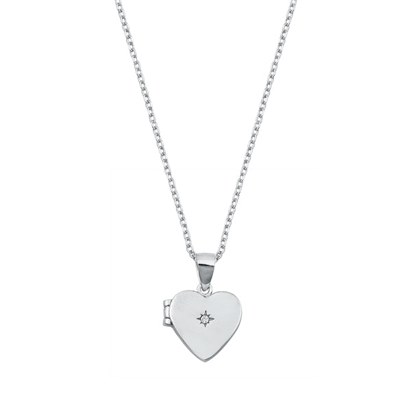 Sterling Silver Rhodium Plated Clear CZ Heart Locket Necklace