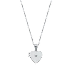 Sterling Silver Rhodium Plated Clear CZ Heart Locket Necklace
