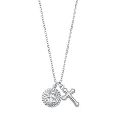 Sterling Silver Rhodium Plated Virgin Mary and Cross Necklace