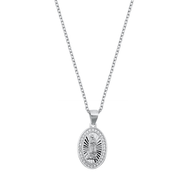 Sterling Silver Rhodium Plated Clear CZ Virgin Mary Necklace