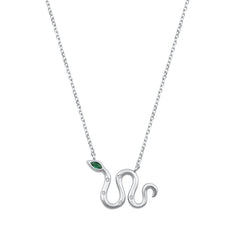 Sterling Silver Rhodium Plated Green and Clear CZ Snake Necklace