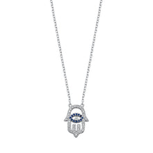 Load image into Gallery viewer, Sterling Silver Rhodium Plated Blue and Clear CZ Hamsa Necklace