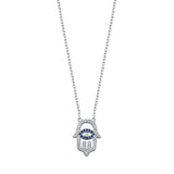 Sterling Silver Rhodium Plated Blue and Clear CZ Hamsa Necklace