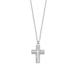 Sterling Silver Rhodium Plated Clear CZ and Mother of Pearl Cross Necklace